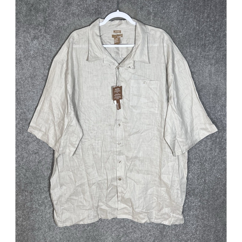 Bruno Pure Linen Button Up Shirt Mens Size 4XLT Beige Pocket Short Sleeve New